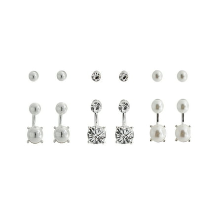 6 Pair Silver Tone Stud and Front Back Earrings