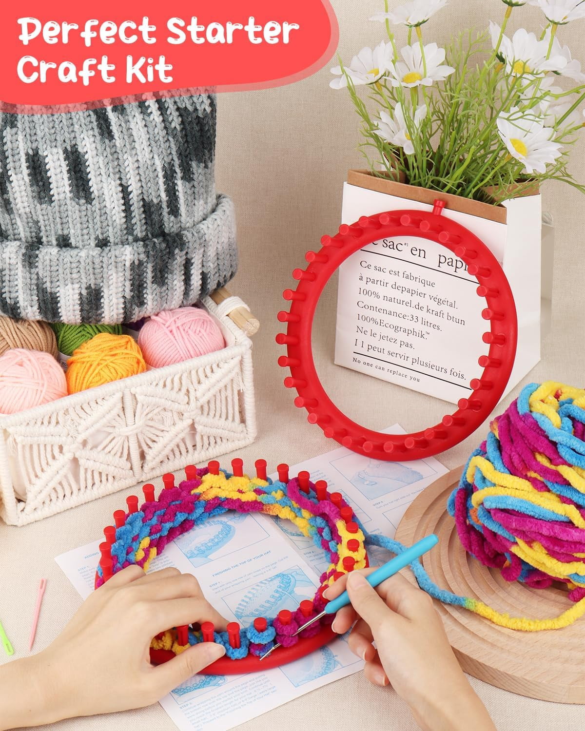 ABPETE 2 Pcs Round Knitting Looms Set, 31 Pegs Knitting Loom Simple for Beginner, 19 cm Diameter Plastic Loom Knitting, Small Round Loom Knitting Set for Home DIY, Teaching, Learning