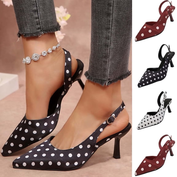 Women Shoes Slingback Heeled Sandals for Women Wide Width Classic Polka Dot Satin Pointed Closed Toe Thin Stiletto High Heel Adjustable Buckle Dress Pumps Women Shoes Casual Dress Black Heels Summer