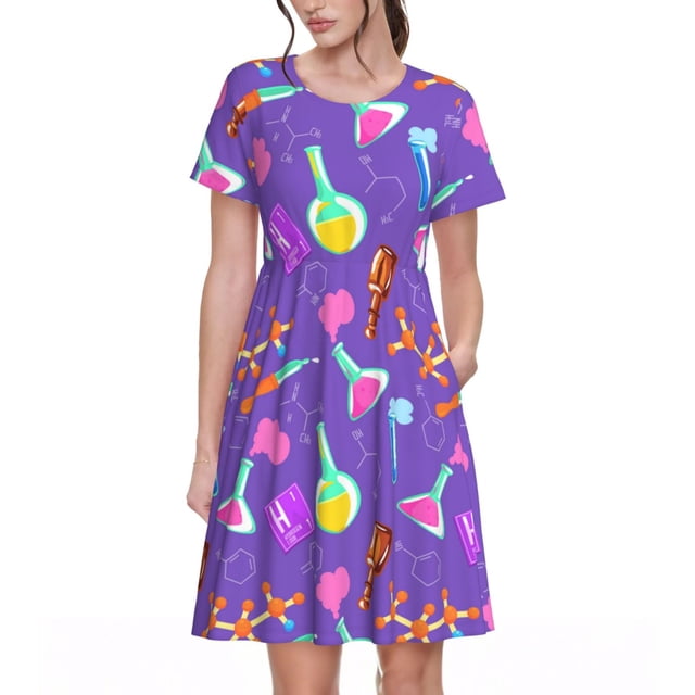 KLL Outils Chimiques pour Femmes Robe d'Été à Manches Courtes, Robes Plissées Amples Longueur Genou avec Poches