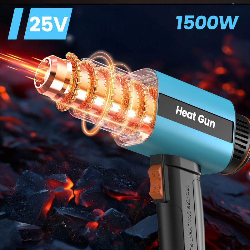 1500W Hot Air Gun with Thawing, Heatsharink Tube, Paint Removal, Loosening Rusty Bolts
