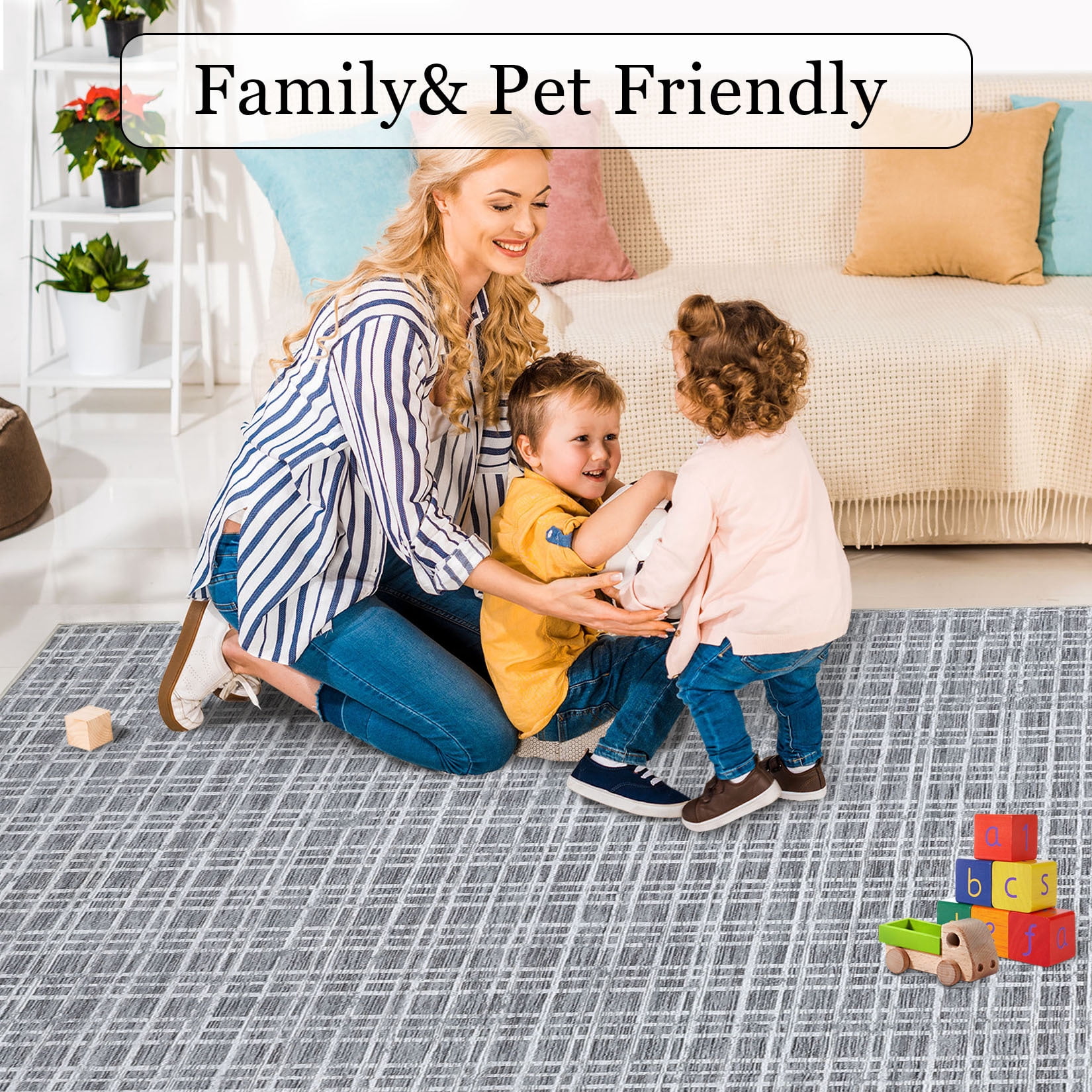 Aoile 5' x 7' Washable Area Rug, Modern Plaid Rug, Soft Faux Wool Rug Non-slip Low Pile Accent Small Rug for Bathroom Bedroom Kitchen Laundry, Dark Grey
