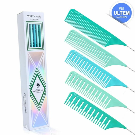 Vellen Hair Ultimate Highlight Comb Set Heat Resistant, PEI Material 430°F Heat Resistant, for Babylight and Chunky Highlight - 5 Sizes (Mint)
