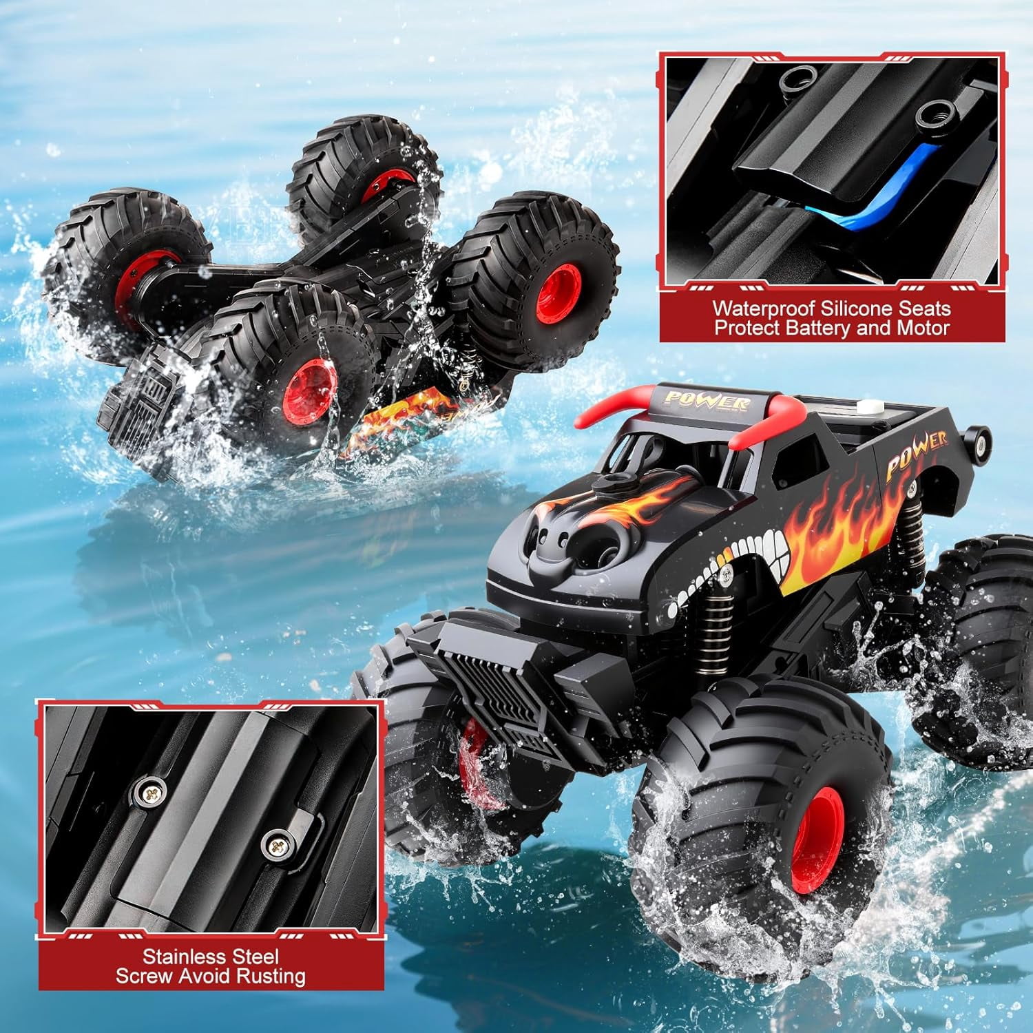 VKFVKF 1:16 Waterproof Remote Control Monster Truck - 4WD Amphibious All Terrain RC Car, Off-Road Toy Truck with Rechargeable Battery, Gift for Kids