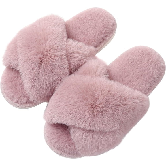 Women's Fuzzy Slippers Cross Band Memory Foam House Slippers Open Toe-10-11Dusty Pink