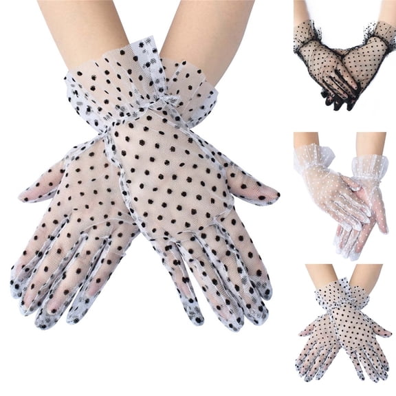 Helii Tea Party Gloves for Women Elegant Sweet Polka Dot Short Lace Glove Retro Wrist Length Mitten Evening Dress for Opera 1920s 20s Bridal Wedding Trendy Black,Under $3