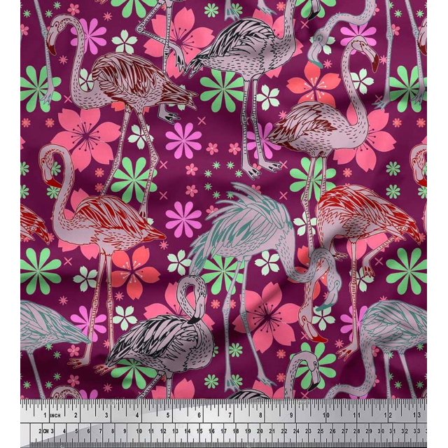 Soimoi Poly Georgette Fabric Floral & Flamingo Bird Printed Craft Fabric by The Yard 52 Inch Wide