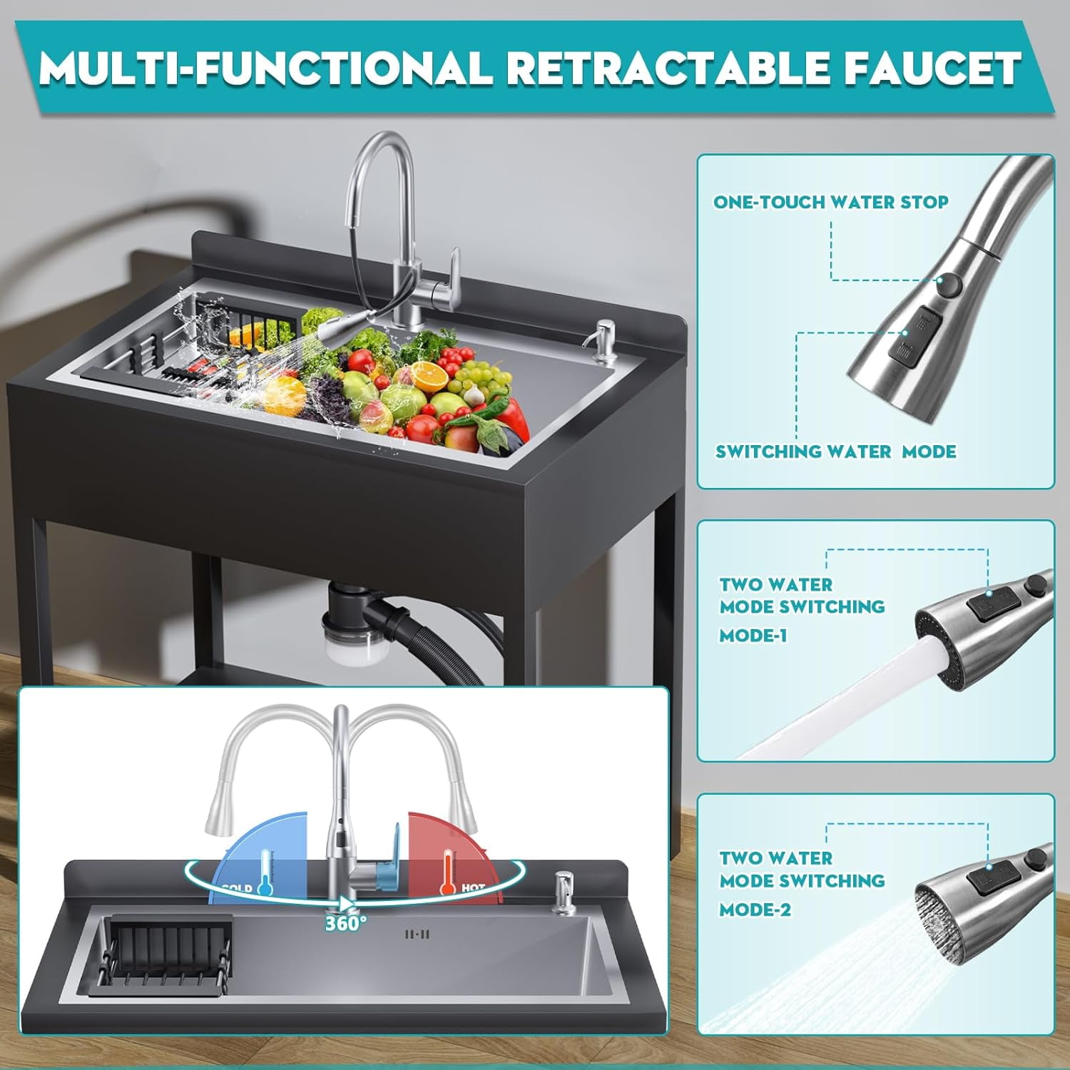 Esheno Stainless Steel Freestanding Utility Sink Cold Hot Faucet Hoses Drain Kit For Backyard Bathroom Sliver 41.7in