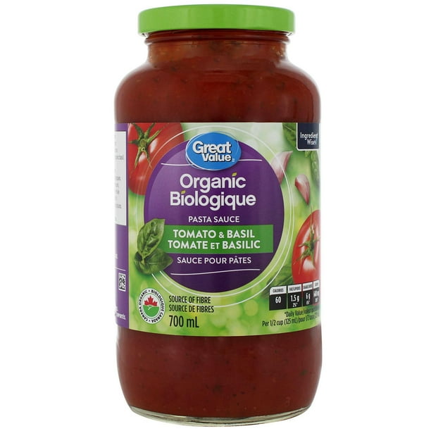 Sauce aux tomates et au basilic biologique pour pâtes de Great Value 700 ml
