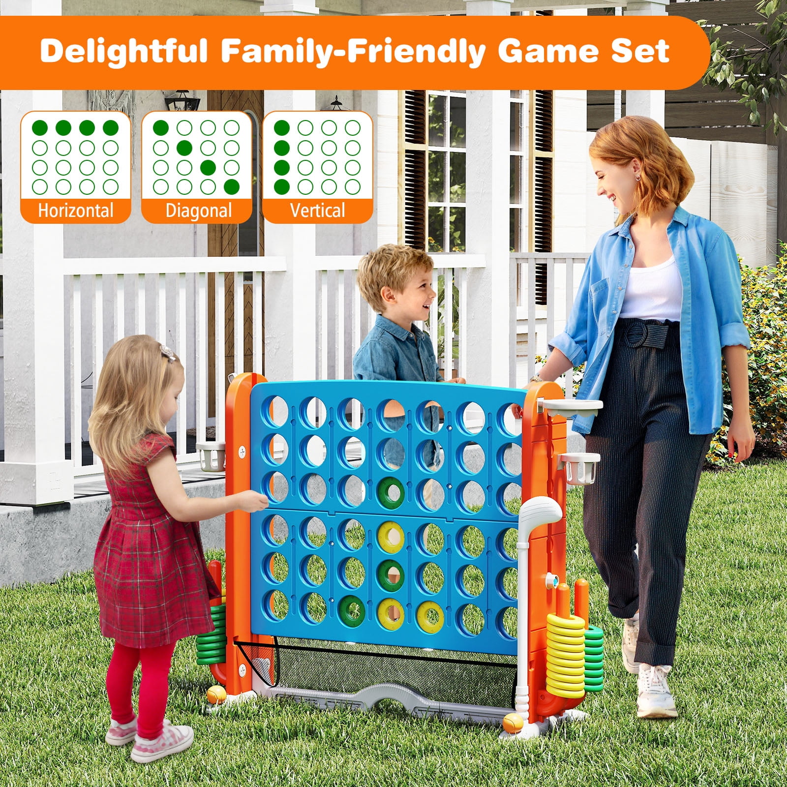 Patiojoy Giant 4-in-A-Row Connect Game Set Height Adjustable 4-to-Score Game Light Blue & Gray