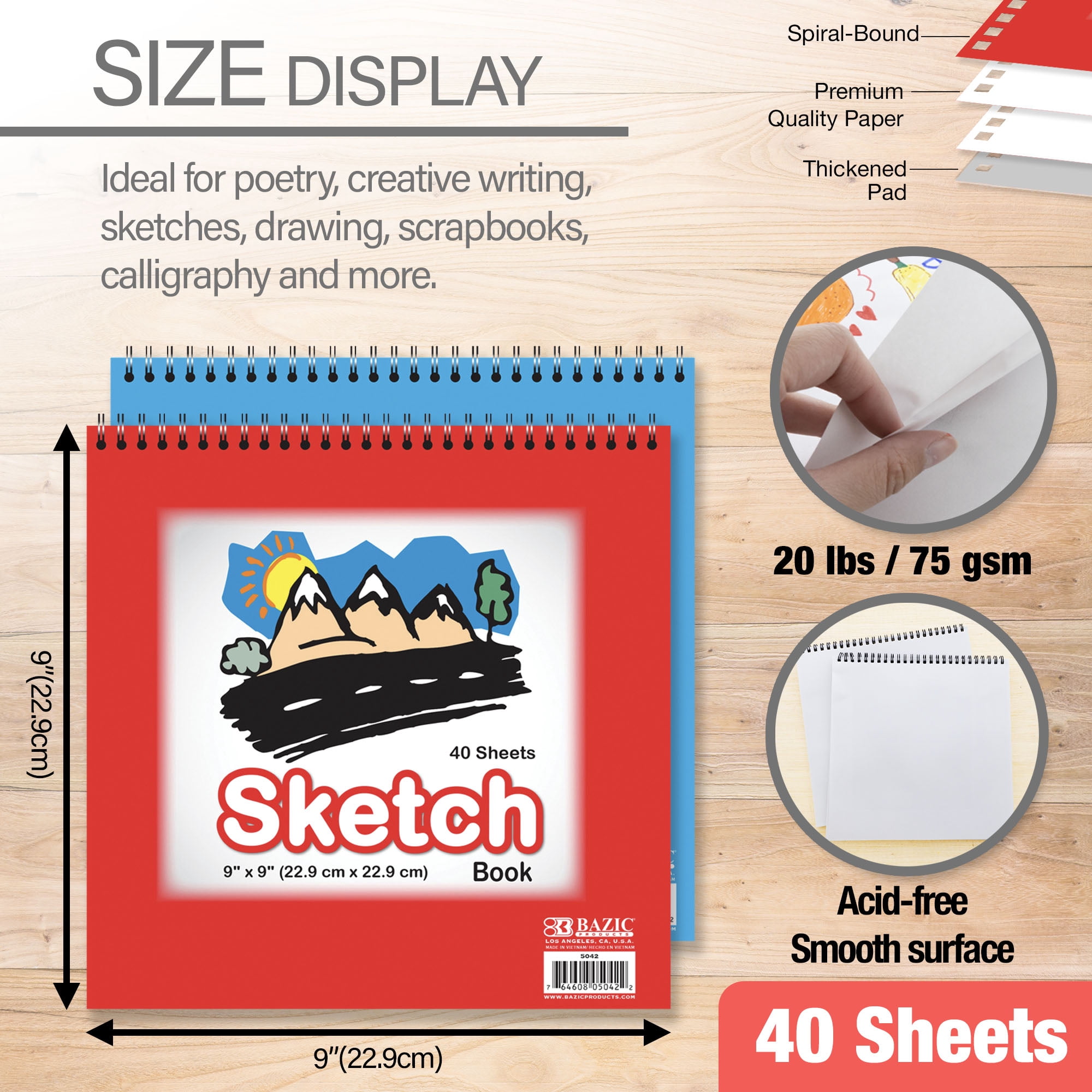 BAZIC Sketch Pad 40 Sheets 9" X 9" Top Spiral Sketchbook Drawing Pads, 48-Pack