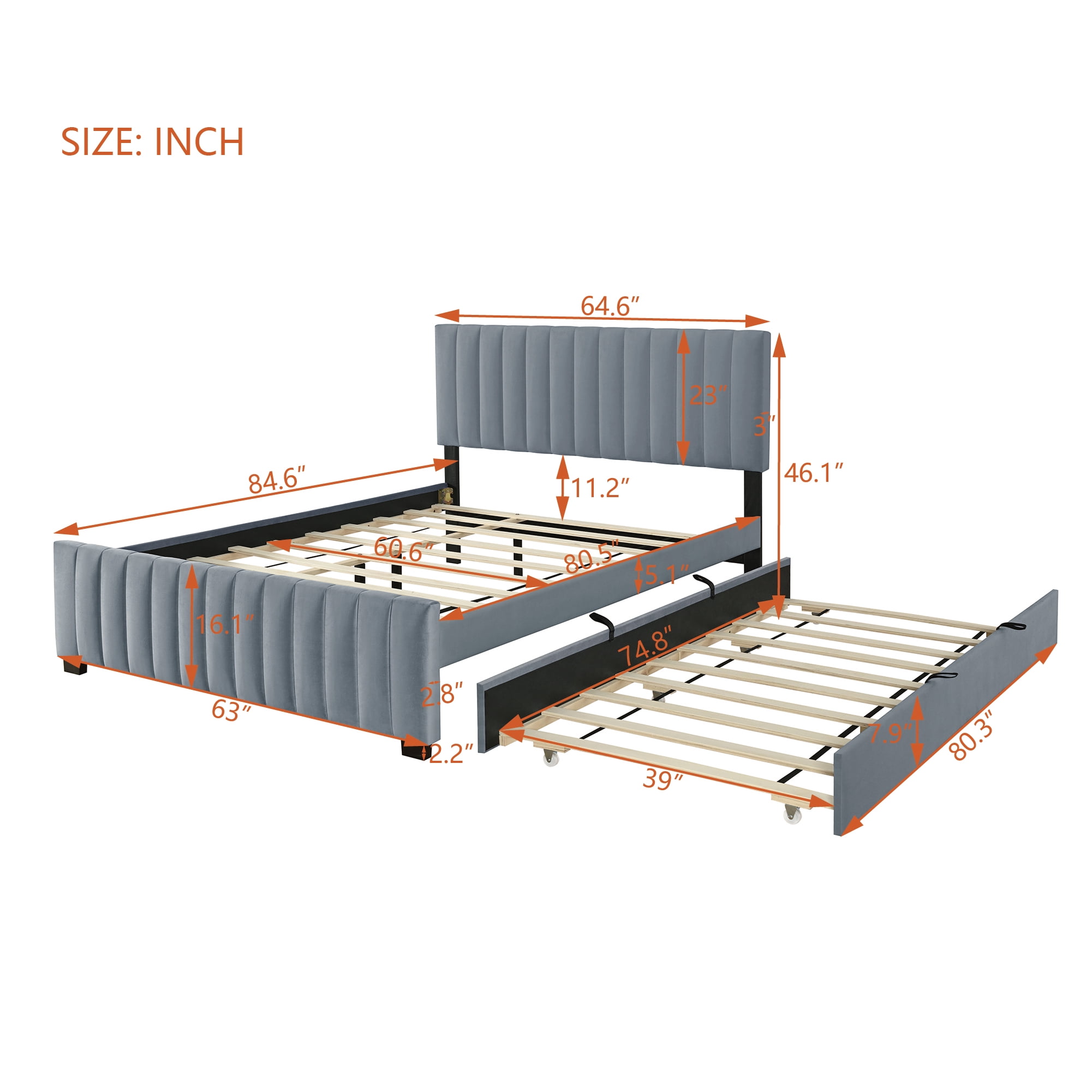 Aukfa Queen Size Upholstered Bed Frame with Twin XL Trundle, Velvet Tufted Headboard & Footboard, Gray