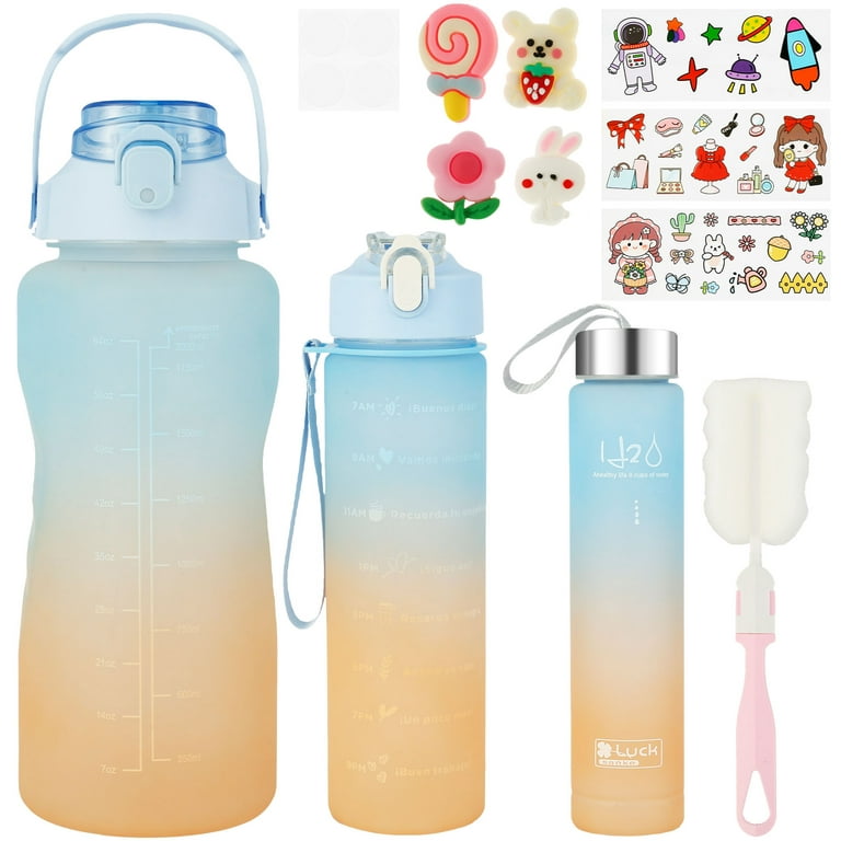 Gustve 3 Pack Water Bottles with Straws BPA Free Water Bottles Reusable with Stickers Portable Motivational Water Cups Leak Proof Fitness Camping Men