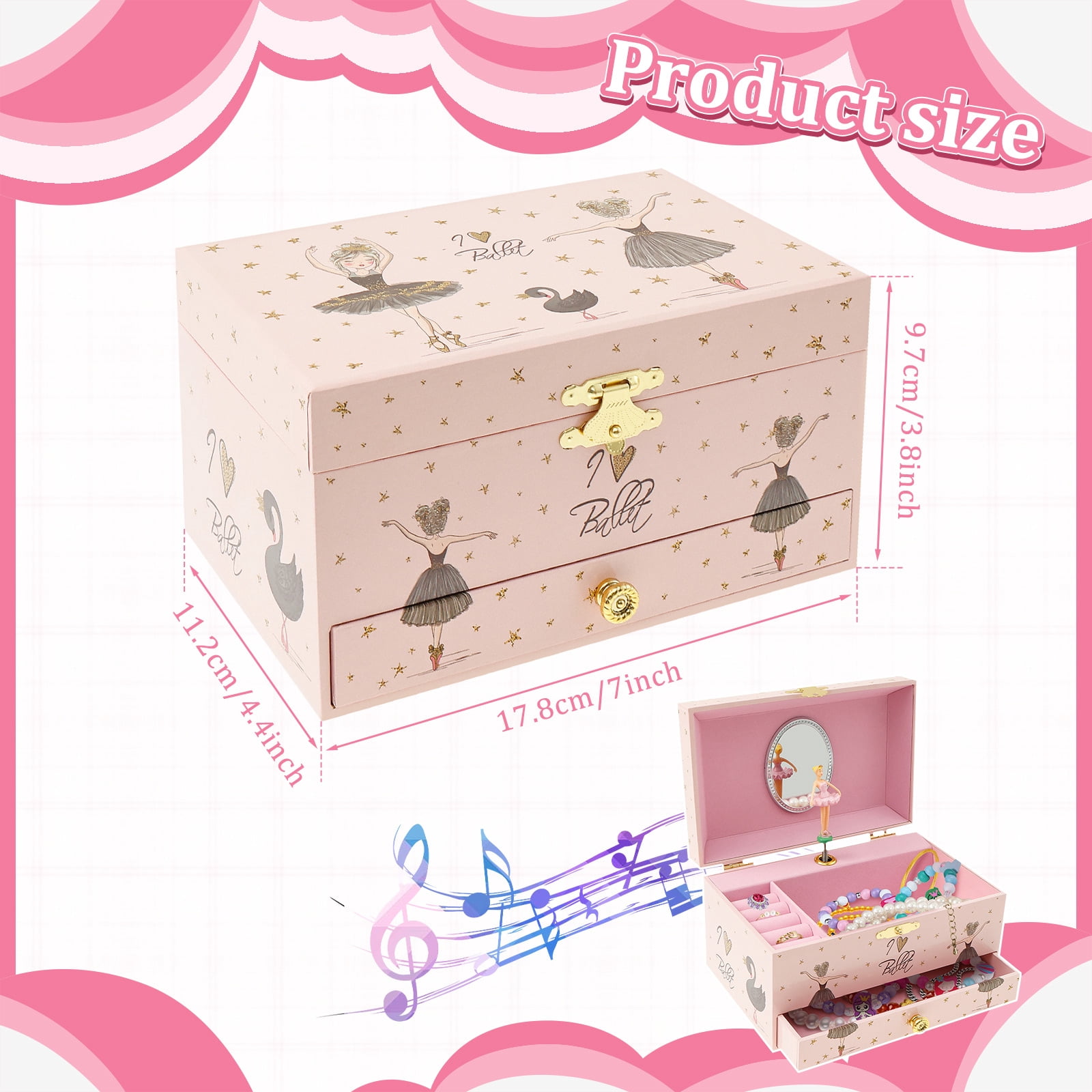 Musical Jewelry Storage Box Decorative Jewelry Organizer Box with Drawer Bracelet Ring Holder Case for Girls Kids Present