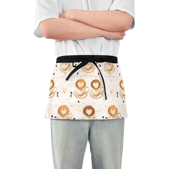 Coffee and Heart Latte Server Apron with 3 Pockets Waterproof Waitress Waist Short Apron for Man Woman 12 Inches