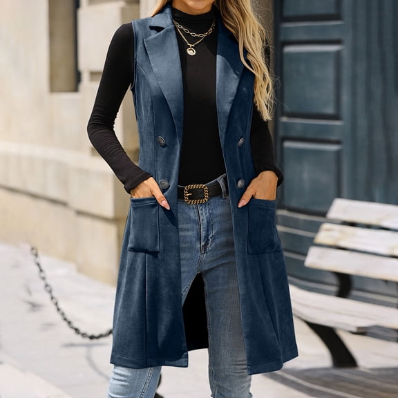 gbyLJF Womens Mid-length Vest Solid Color Double Breasted Sleeveless Trench Coat Jackets Casual Vintage Overcoat Cardigan with Pockets