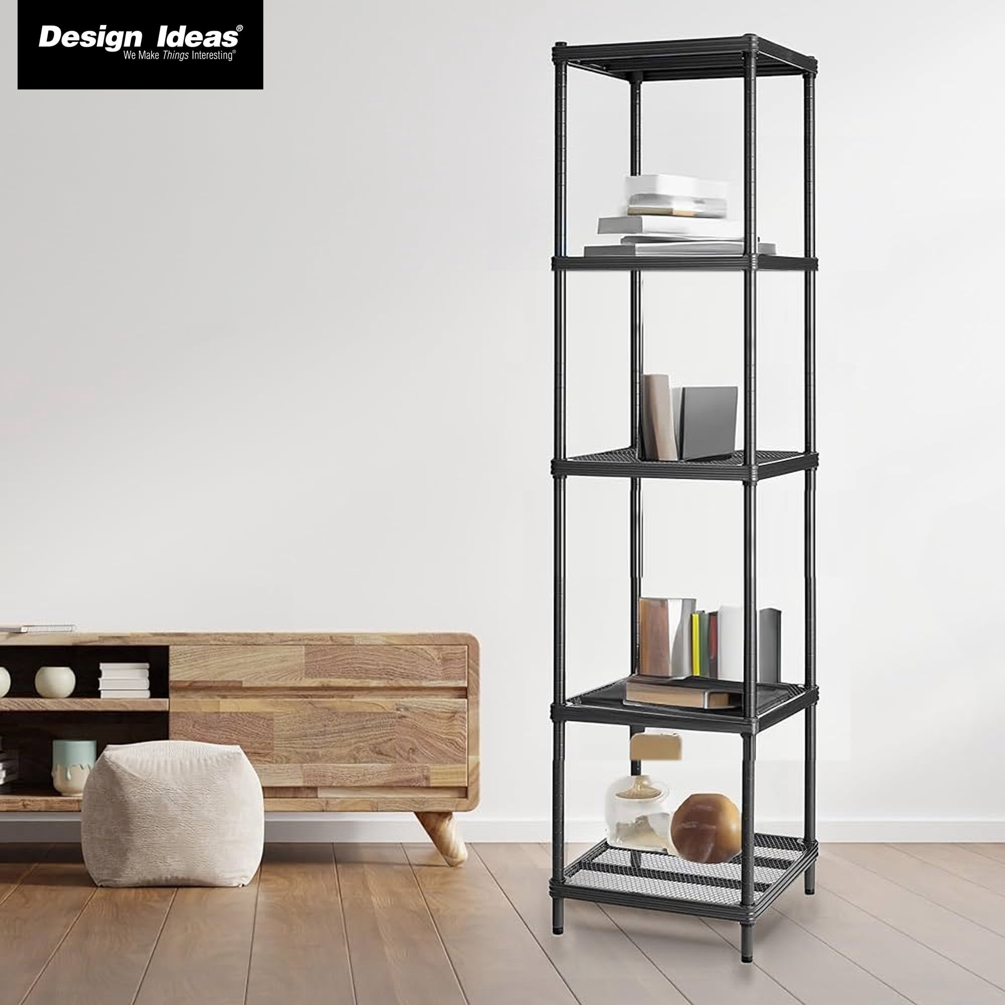 Design Ideas MeshWorks 5 Tier Metal Storage Shelving Unit Tower, Black