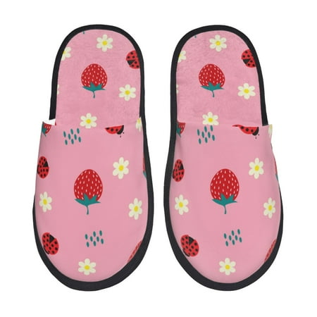 Balery Strawberry and Ladybugs Slient Indoor Furry Fleece Comfort House Shoes Soft Non-Slip Home Shoes Cotton slippers House Slippers-- Medium