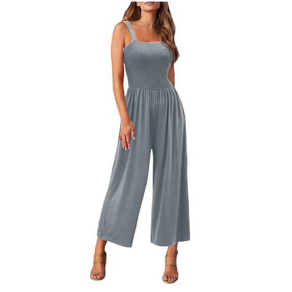 Moxiu Women's Summer Casual Smocked Jumpsuit Elegant Square Neck Sleeveless Wide Leg Beach Vacation Romper with Pockets 2026 Gray,S