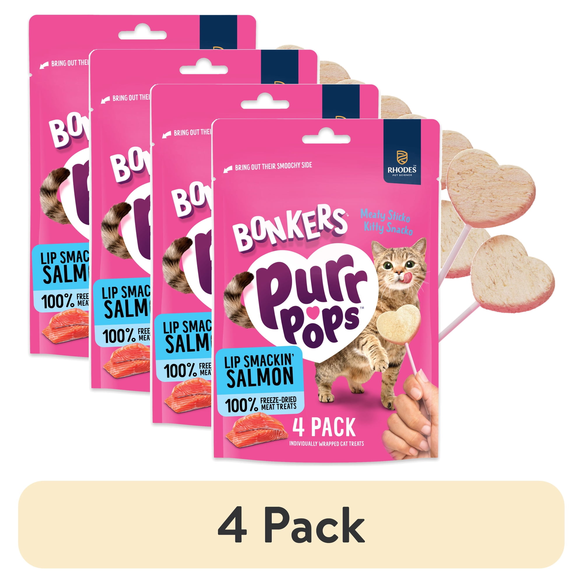(4 pack) BONKERS Purrpops, Freeze Dried Salmon Flavored Lollipop Cat Treats, 4 Pieces