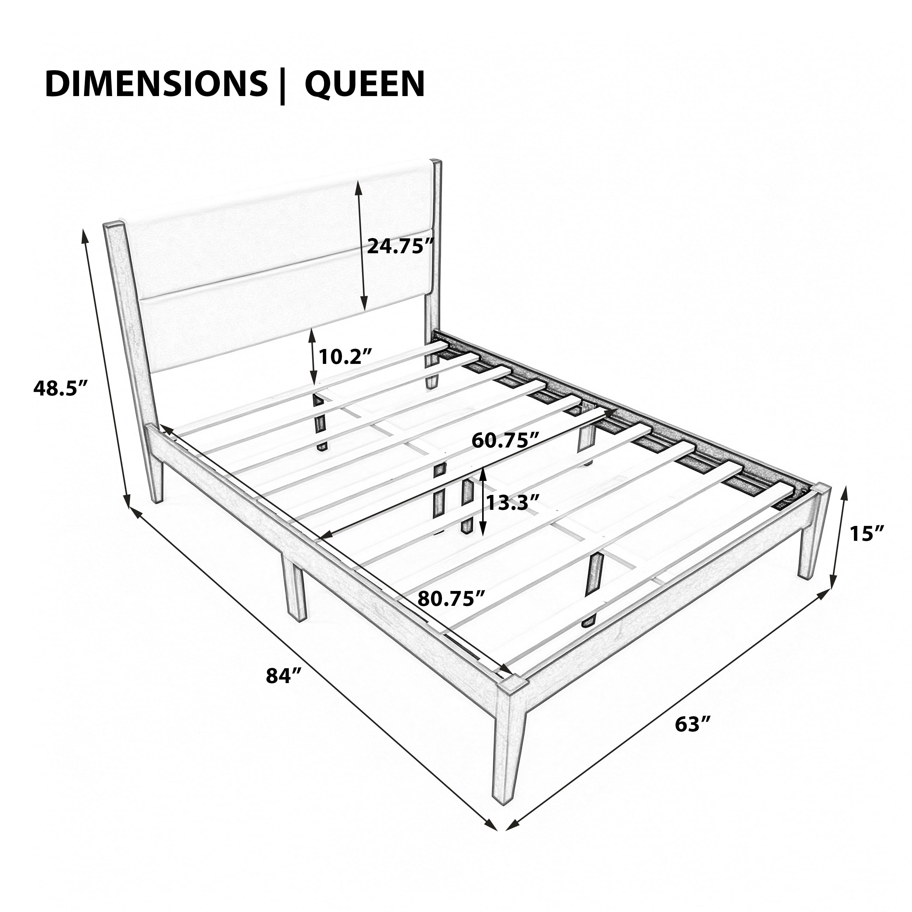 Queen Size Modern Wood Platform Bed Frame with Upholstered Headboard, No Box Spring Needed