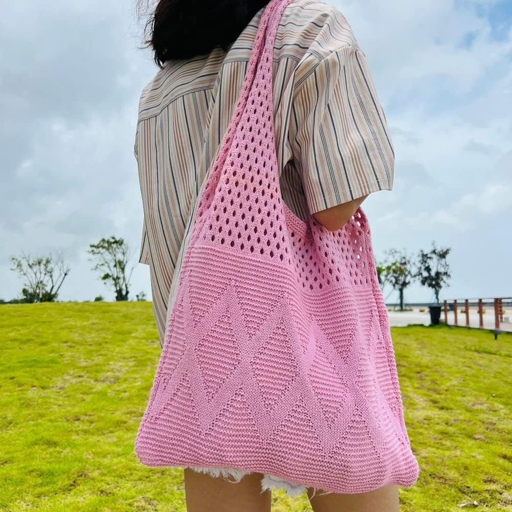 Kukuzhu Large Knit Tote Bag for Women Stylish Crochet Shoulder Bag Hobo Bag for School Travel