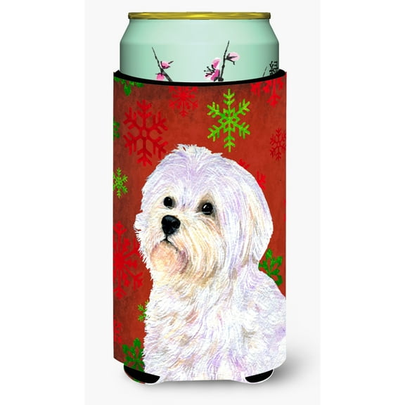 Maltese Red and Green Snowflakes Holiday Christmas Tall Boy Hugger