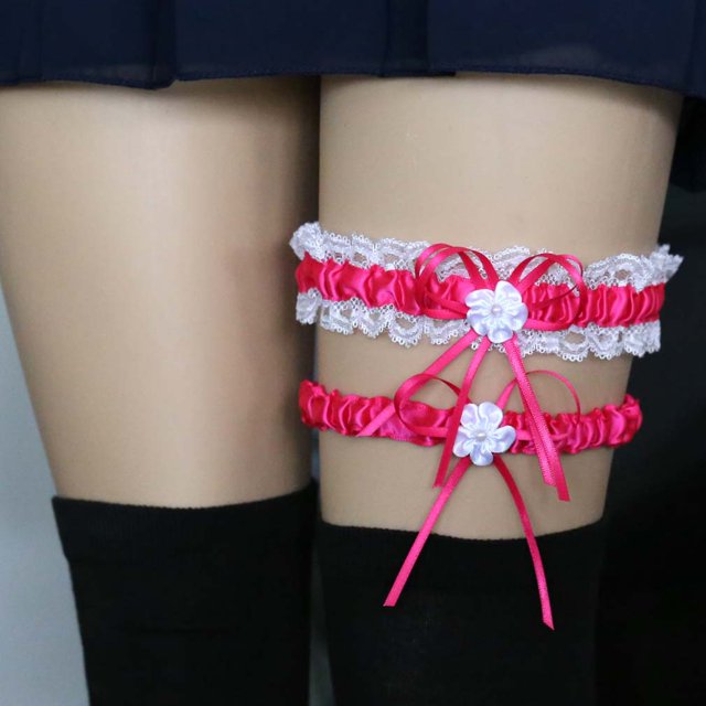 Japón y Corea del Sur suave chica sexy arco novia liga sexy tentación encaje piernas pierna anillo liguero rosa rojo(4 piezas) ZefeiWu 9024715033543