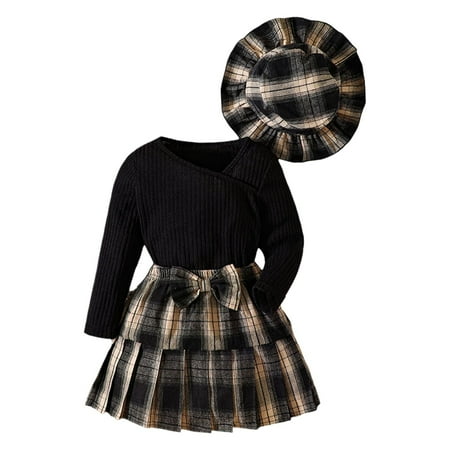 Hifoo Kids Toddler Baby Girls Autumn Winter Long Sleeve Ribbed Tops Plaid Skirts Bow Tie Set Clothes Trendy Child Dailywear