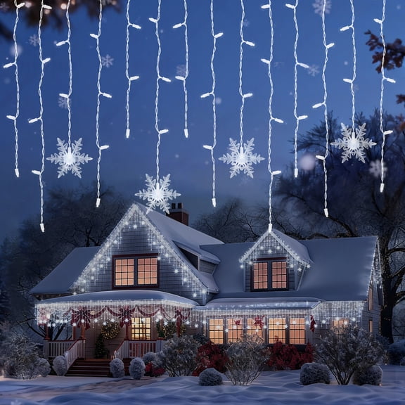 Beatineon 70-Light 9.5ft LED Icicle String Lights with Snowflakes, Cool White, 20 Varying Drops – IP68 Waterproof, Connectable up to 10 Sets, Indoor & Outdoor, ETL Listed