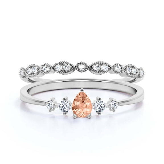 Dazzling Minimalist 1.55 Carat Pear Cut Morganite And Diamond Moissanite Classic Engagement Ring, Affordable Wedding Ring in 925 Sterling Silver With 18k White Gold Plating, Bridal Set, Matching Band