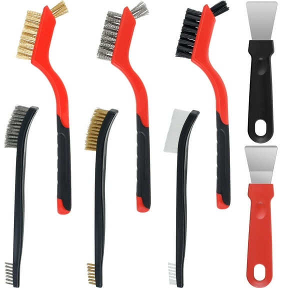 Ikoopy 8Pcs Wire Brush Set Brass/Stainless Steel/Nylon Cleaning Brush and Scraper Set Premium Rust Removal Cleaning Brush Wear-Resistant Paint Scrubbing Wire Brush for Window Tile