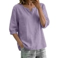 thumbnail image 4 of Notch Neck Puff Bubble 3/4 Sleeve Cotton Linen Blouse for Women Loose Fit Dressy Casual Muslin Shirt Lightweight Breathable Relaxed Fit Tunic Shirt Casual Summer Basic Linen Shirts Light Violet L, 4 of 9