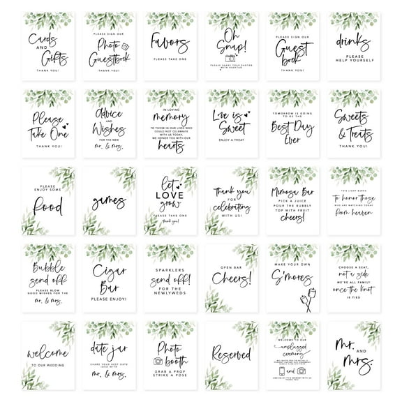 Koyal Wholesale Eucalyptus Leaves Wedding Signs Bundle Set for Ceremony, Reception Decor Signage, 8.5 x 11", 30-Pack