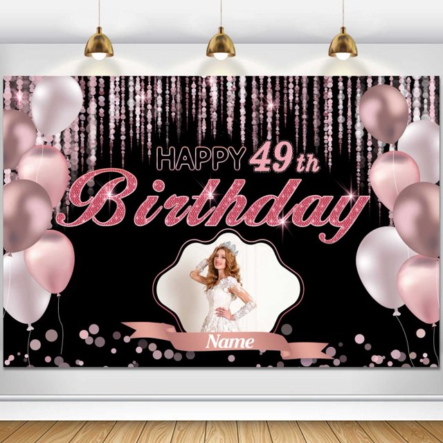 Banner decorativo con dicódigos personalizados en oro rosa, feliz 49 cumpleaños