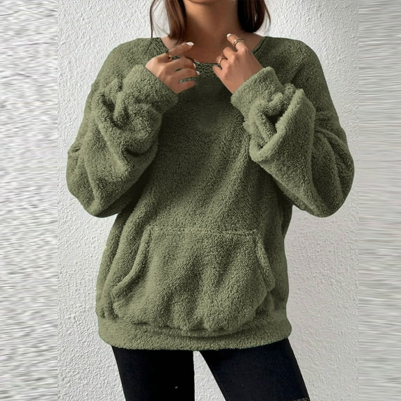 Dxzfnsa Fleece Sweatshirts for Women Long Sleeve Solid Color Round Neck Tops Turtleneck Winter Pullover Tops
