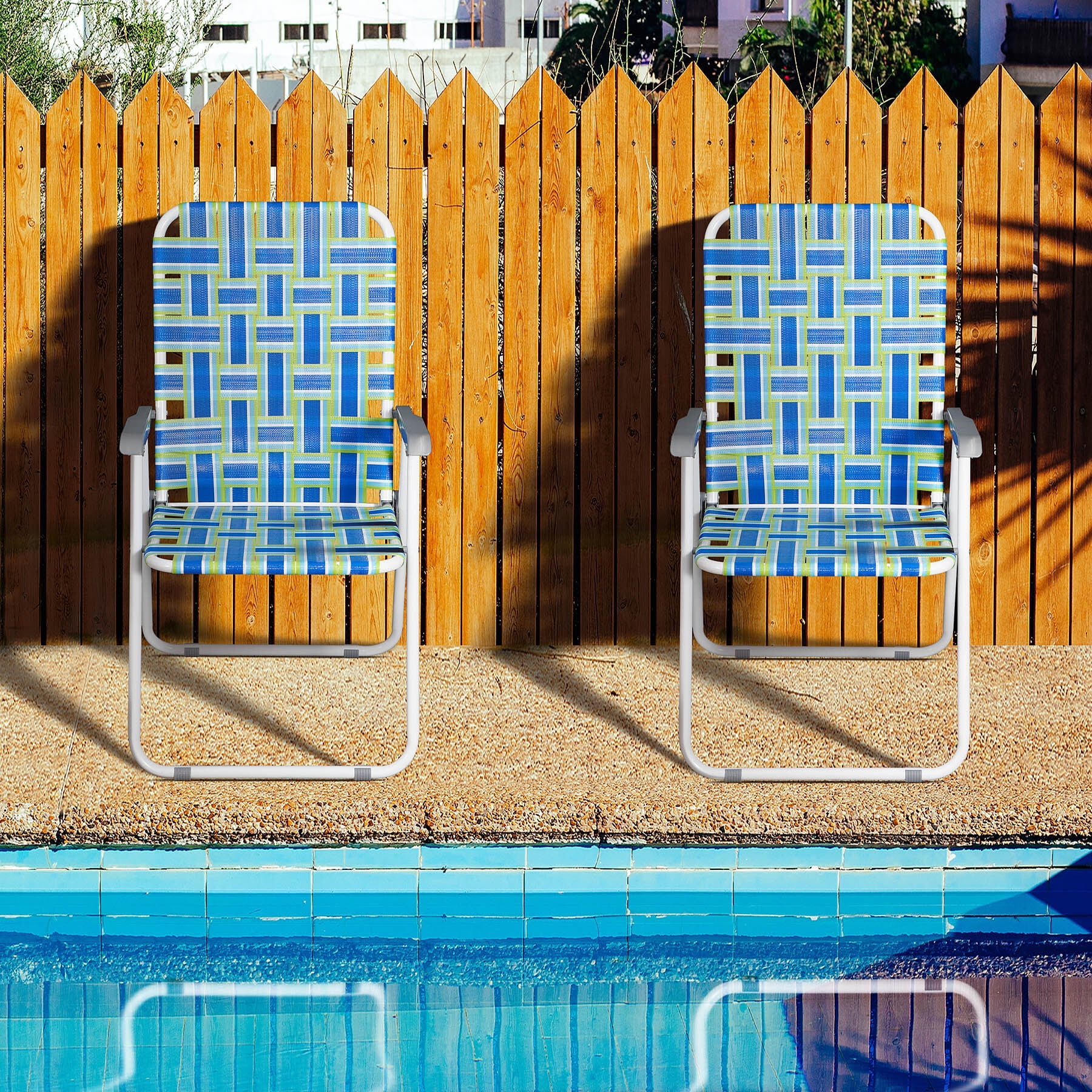 ZENY Set of 2 Patio Lawn Chairs Folding Metal Frame Webbed Camp Chair, Blue/Green