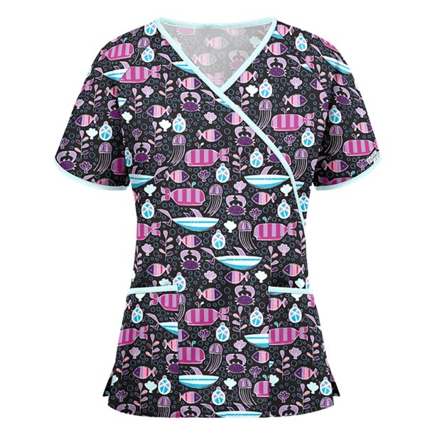 Blusa Umfun para mujer, blusa médica con bolsillo, blusa de enfermera de manga corta con cuello en V, blusa de uniforme de trabajo estampada, blusa de trabajo verde menta S