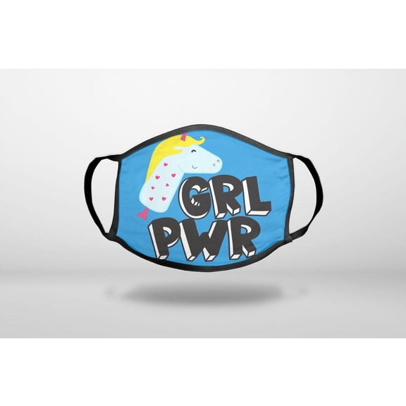 Girl Power - GRL PWR - Unicorn Blue Background - 3-Ply Reusable Soft Cloth Face Covering, Unisex, Cotton Inner Layer