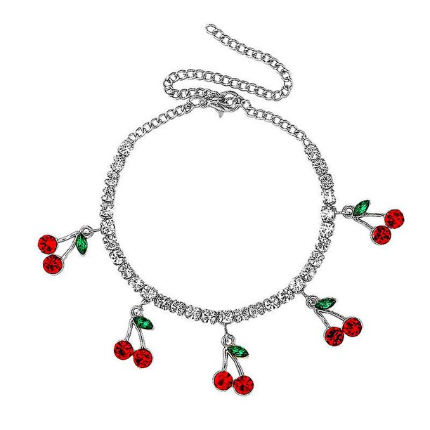 Tobillera con diseño de cerezas en color dorado y plateado, con cristales de imitación, estilo bohemio, para playa, para mujer, sandalias, pulseras para los pies, joyería femenina, 001802SL