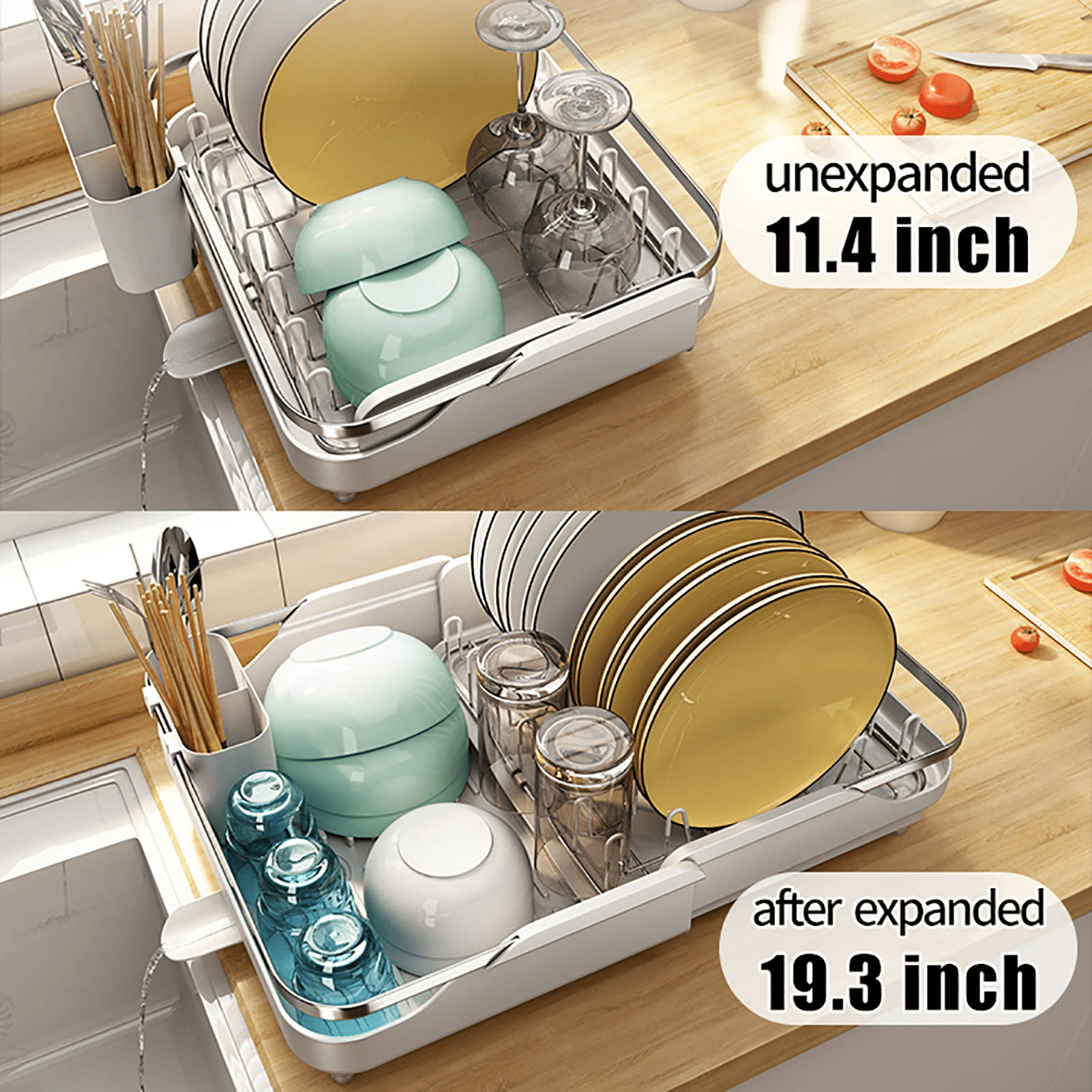 Dish Drying Rack, Dish Rack,Drying Rack Kitchen 304 Stainless Steel Dish  Drainer, with Stretchable Spout for Kitchen Counter15.7 x 12.2 x 9.1 inch