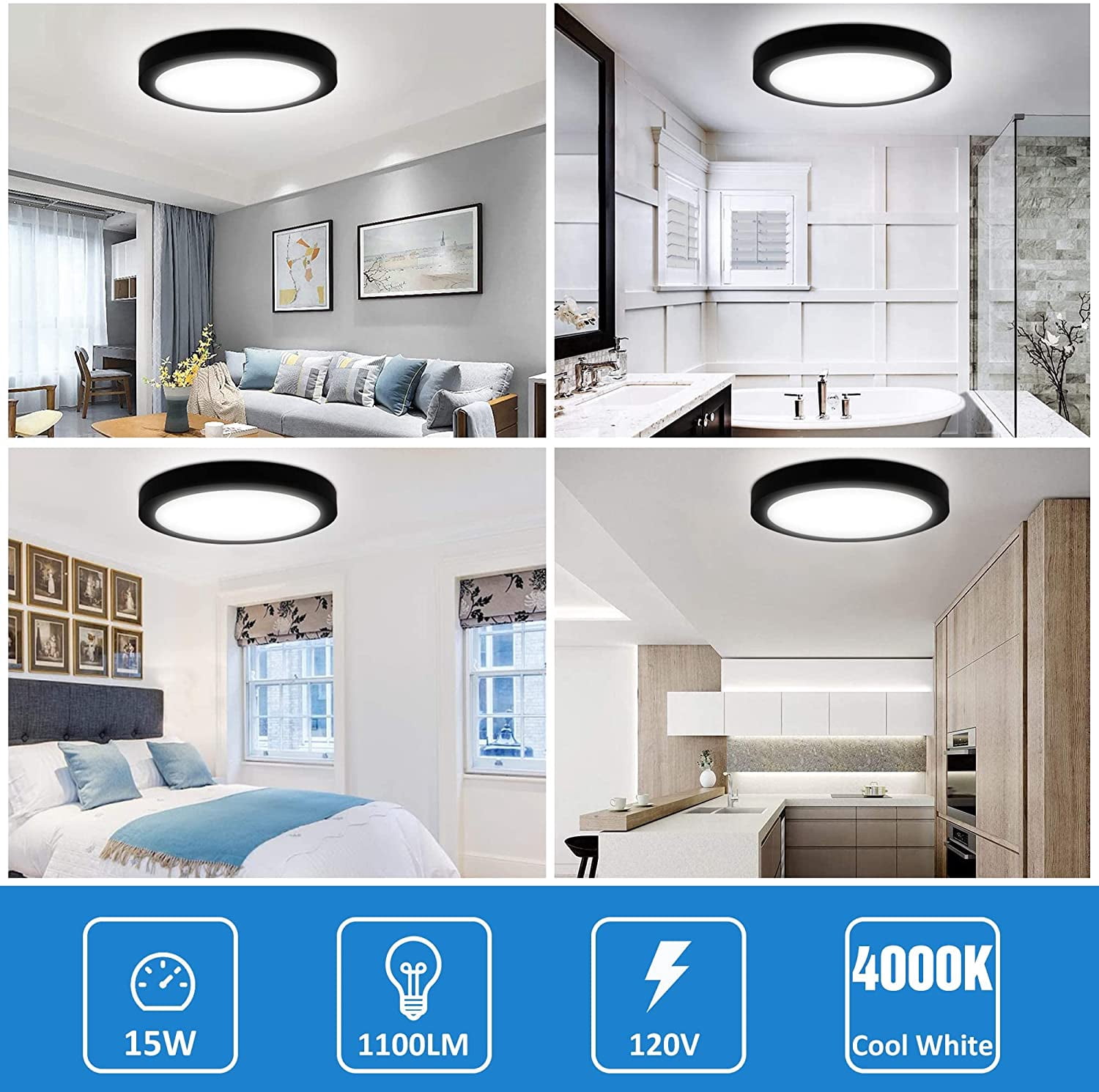 MingBright LED Flush Mount Ceiling Light Fixture 9.5inch Ceiling Light, Super Slim Panel Light 120V 15W 4000K White Round Ceiling Light for Bathroom, Kitchen, Bedroom Hallway Damp Location Black Color