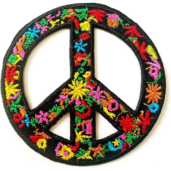 Flower Peace Sign Biker Love Wood Stock Peace Applique Embroidered Sew on Iron on Patch for Backpacks Jeans Jackets Clothing
