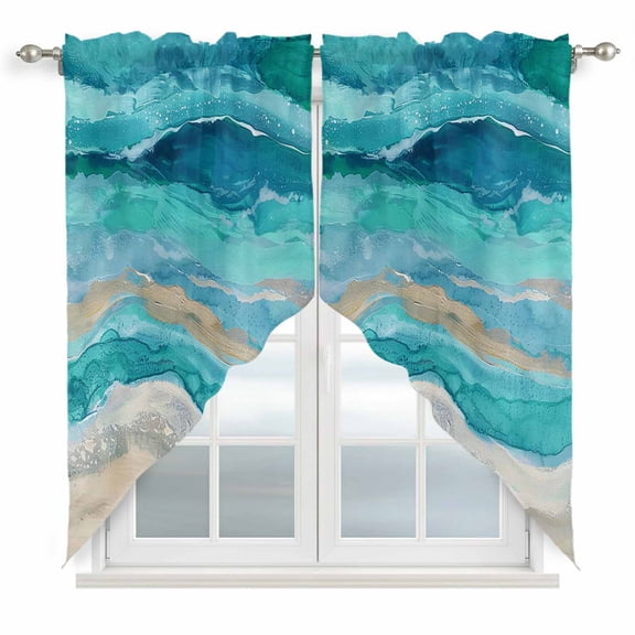 Teal Coastal Kitchen Window Curtains, Swag Curtains Valance for Bedroom Living Room Bathroom, Summer Beach Nautical Abstract Art Rod Pocket Window Treatment Curtain Block Drapes 2 Panels 36"x63"