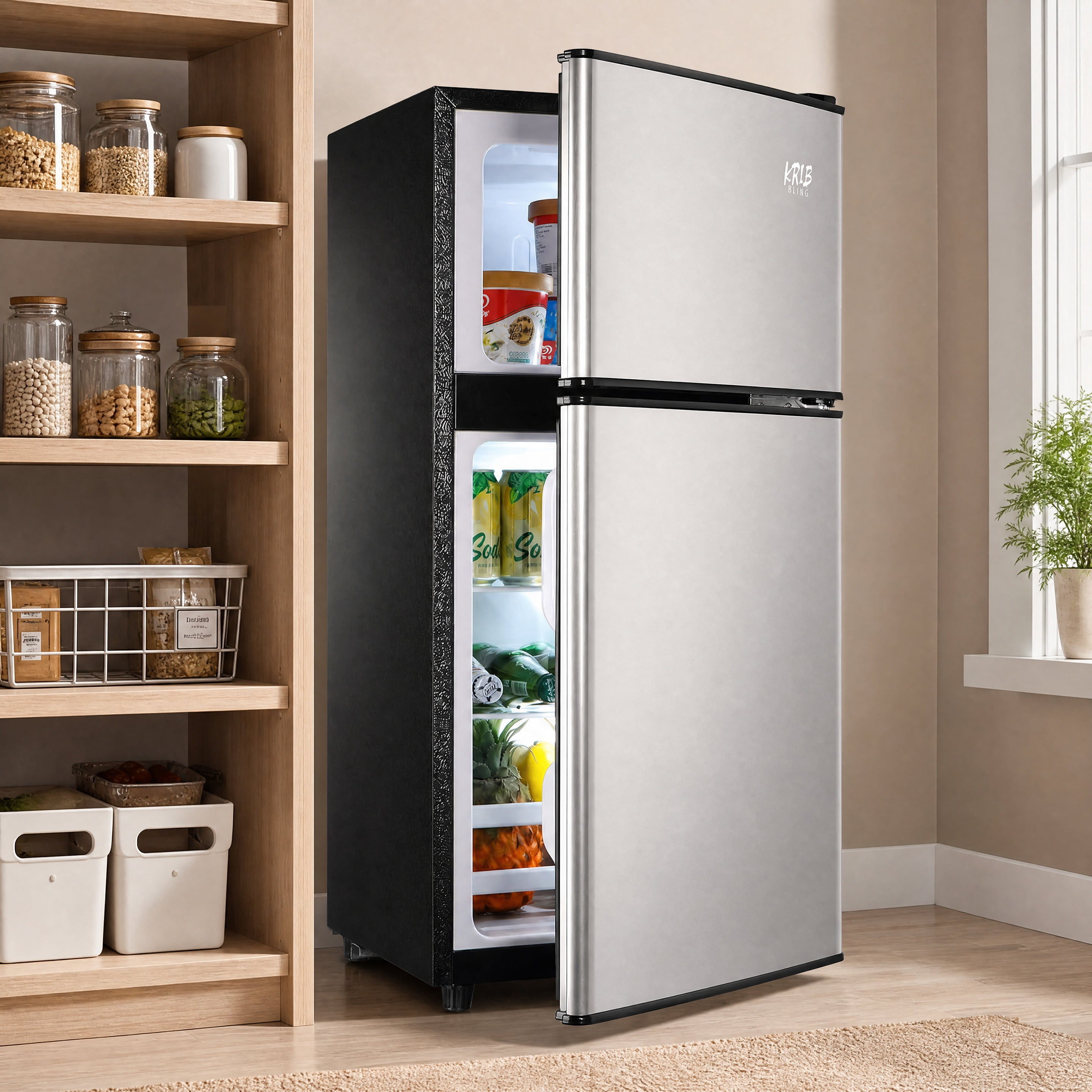 3.5 Cu.Ft Compact Mini Refrigerator with Freezer 2‑Door Small Fridge 16.69"W x17.52"D x34.18"H ABS&Steel Construction Adjustable Thermostat Removable Glass Shelves for Dorm Apartment Office Bar