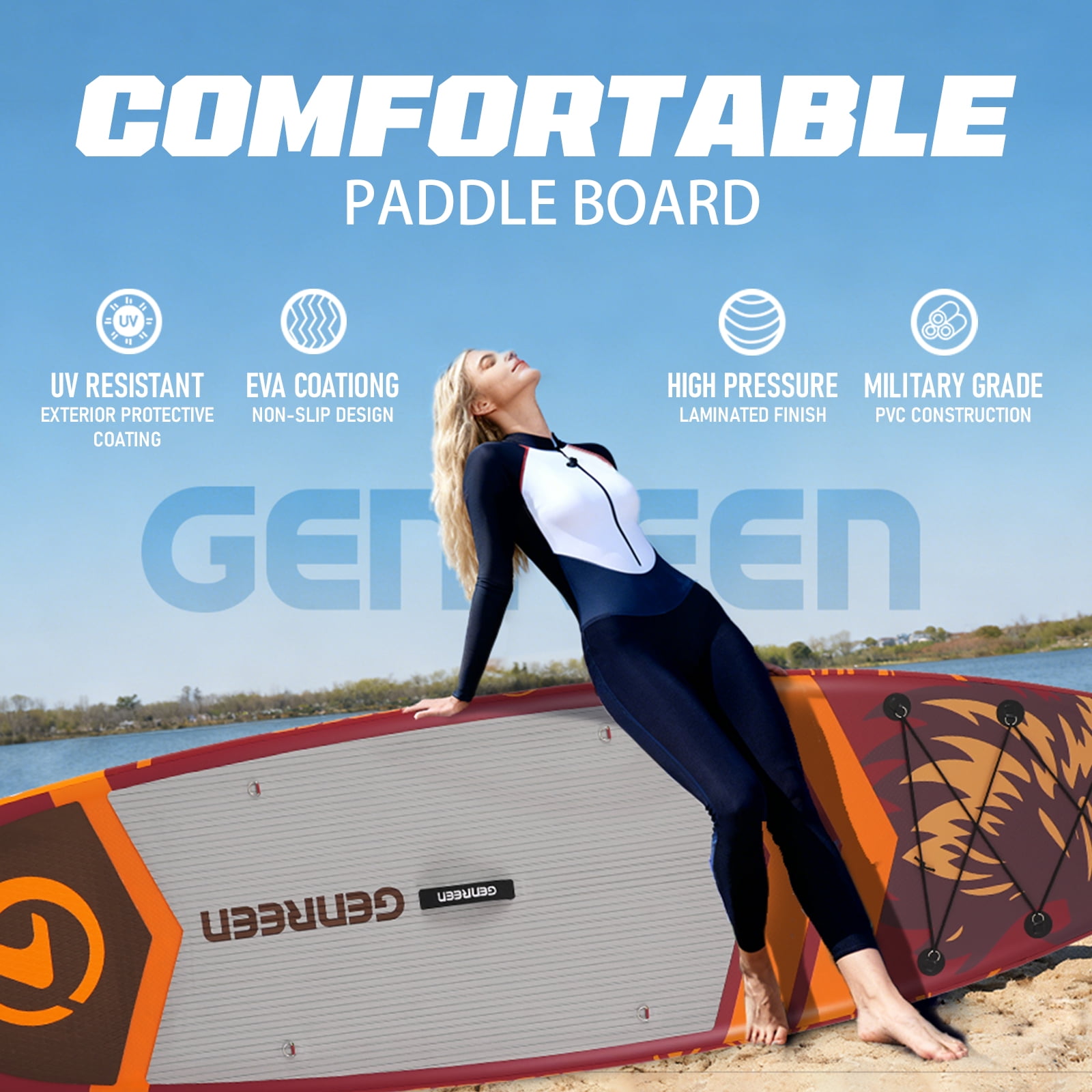 Genreen 11ft Inflatable Stand Up Paddle Board (SUP), 6 Inch Thick Non-Slip Fishing Paddle Board with Full Premium SUP Accessories
