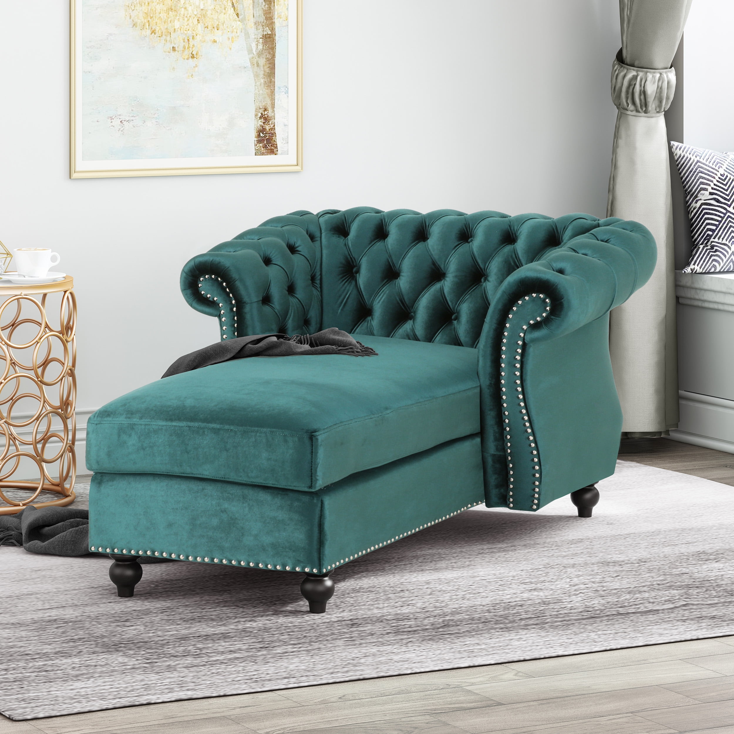 Noble House Nhi Modern Glam Velvet Chesterfield Chaise Lounge, Teal