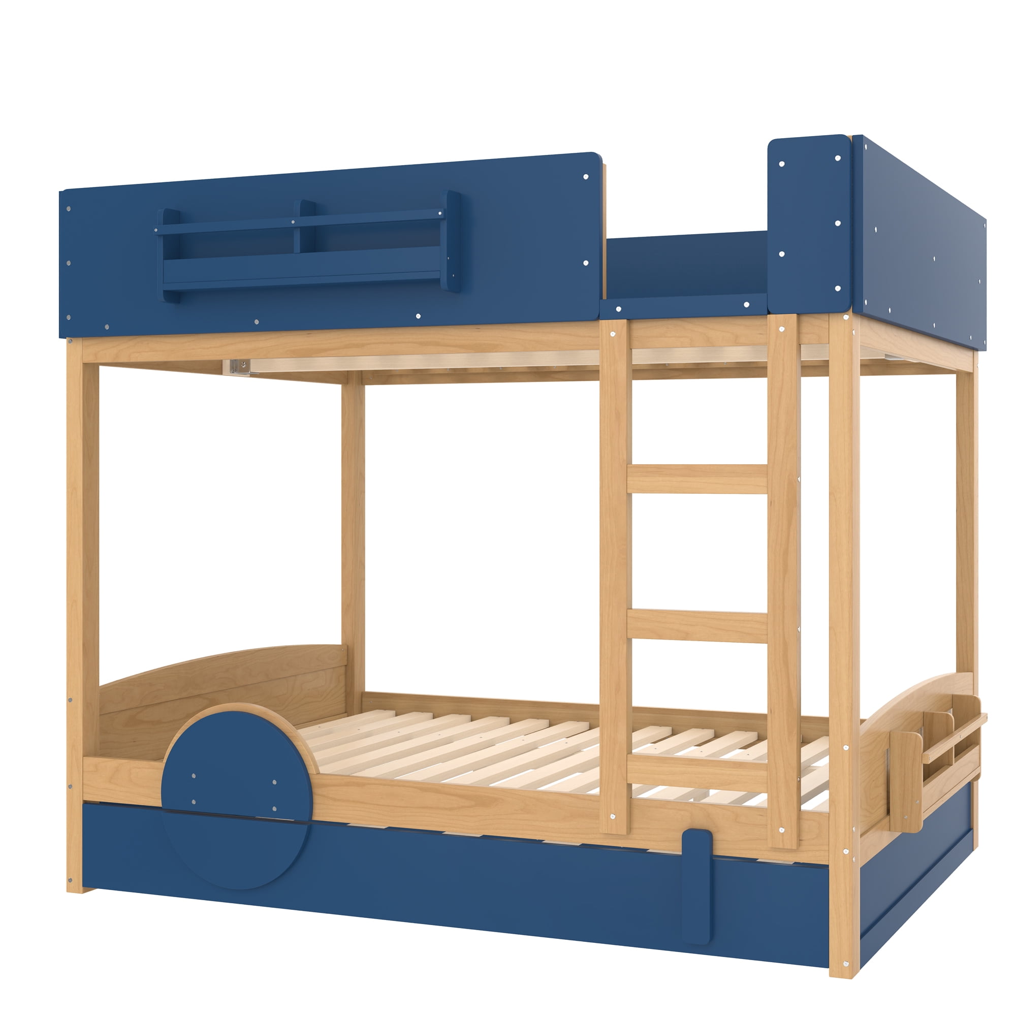 Mintazer Full Over Full Car Themed Bunk Bed with Trundle & Bookshelf, Modern Bunk Bed with Guardrail for Kids, Natural & Blue