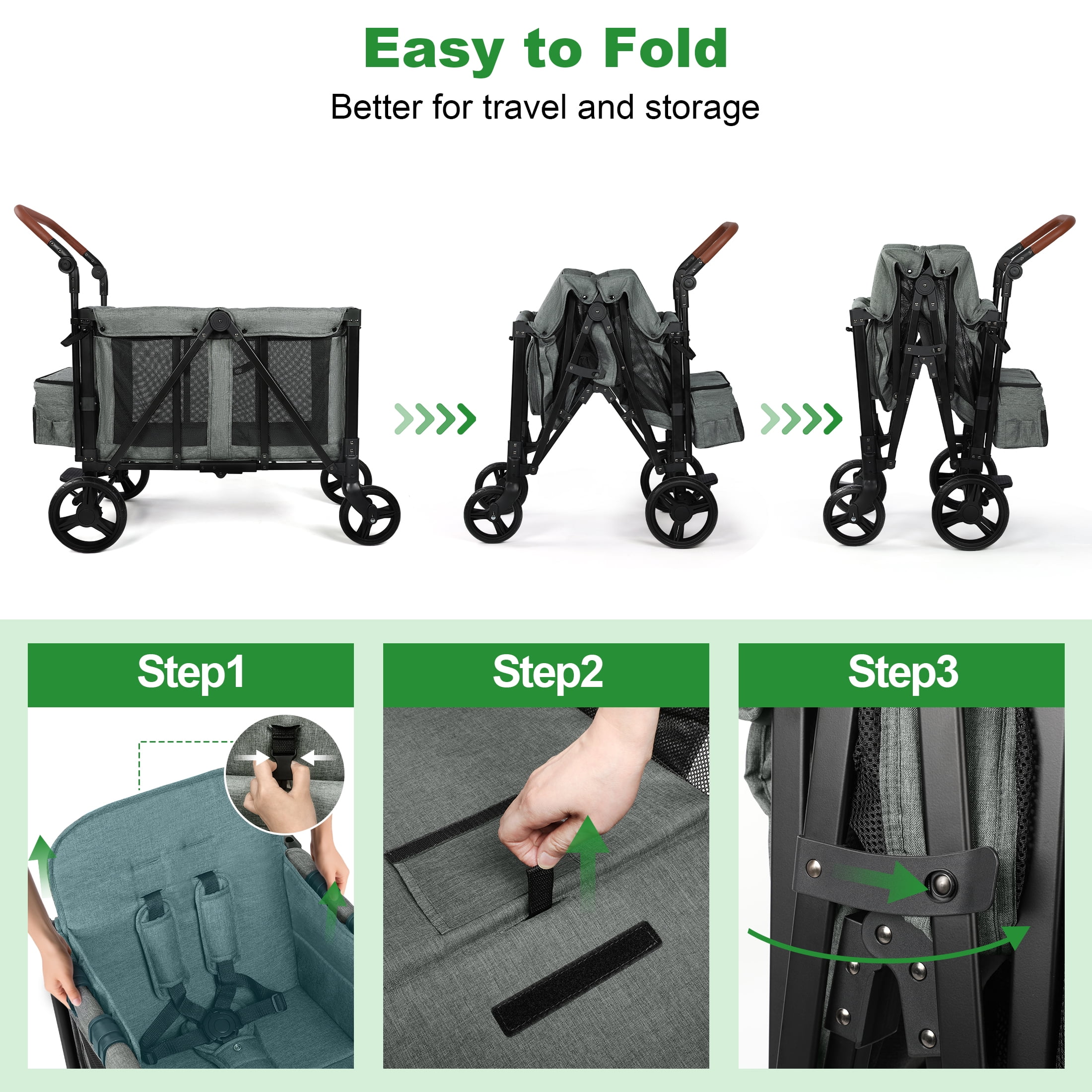 Vomeast Wagon Stroller for 2 Kids, 3-in-1 Outdoor Baby Stroller Wagon with Canopy, 5-Point Harness, Adjustable Handlebars, Removable Seat for Toddlers, Grey Vomeast Wagon Stroller for 2 Kids, 3-in-1 Outdoor Baby Stroller Wagon with Canopy, 5-Point Harness, Adjustable Handlebars, Removable Seat for Toddlers, Grey - Image 8