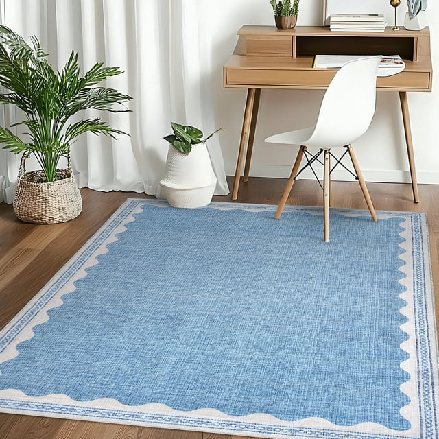Scalloped Edge Indoor Area Rug Machine Washable Carpet Boho Area Rug Low Pile Decor Pet Friendly Carpet for Living Room, Home Office, Nursery
